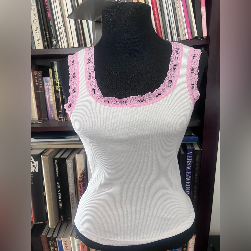 Women's White and Pink Lace Trim Tank Top